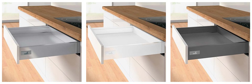 Hettich Atira stalčiaus furnitūros komplektas 70, 350 mm/10 kg, sidabro, Push To Open Silent