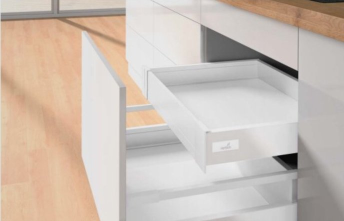 Hettich Atira vidinio stalčiaus furnitūros komplektas 70, 300 mm/50 kg, baltas, Push To Open
