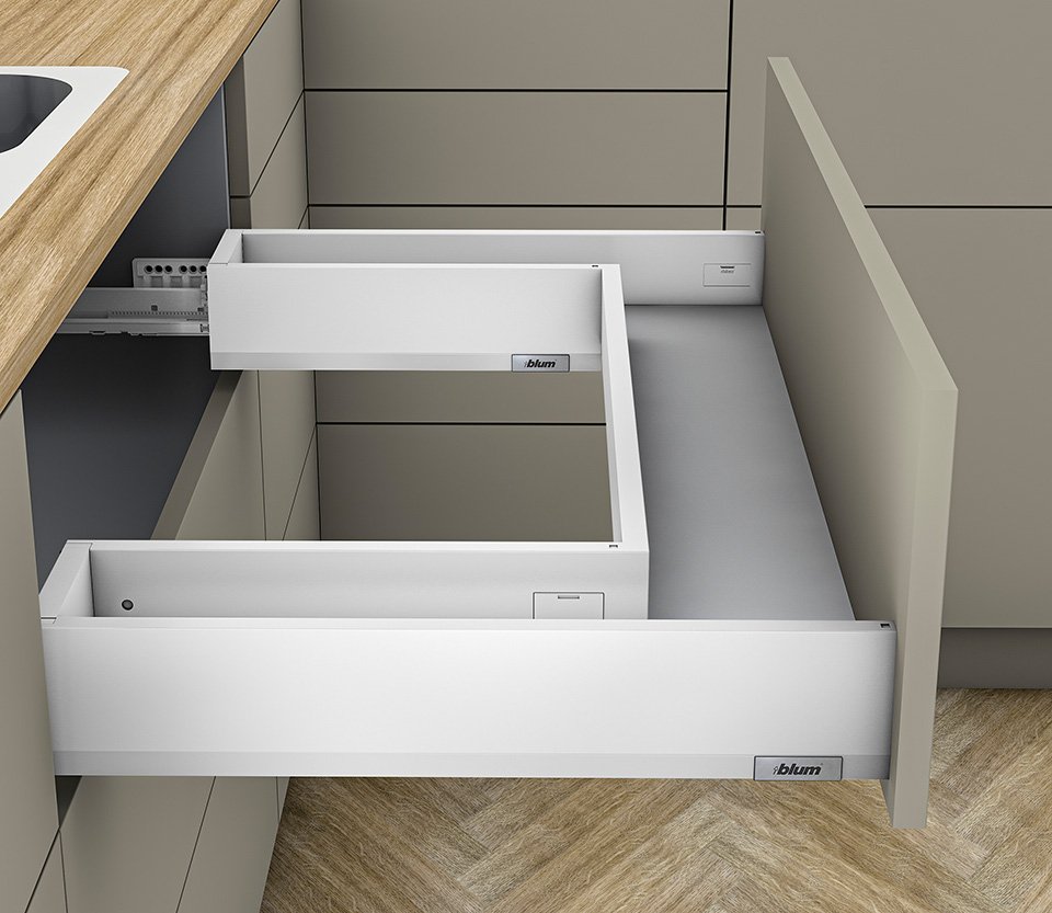 Blum Merivobox, stalčiaus furnitūros komplektas M 450 mm/40 kg, baltas, prisukamas fasado tvirtinimas, po plautuve