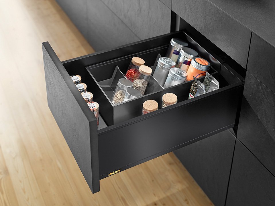 Blum Legrabox, stalčiaus furnitūros komplektas C Pure 350 mm/40 kg, BLUMOTION / TOB, juodas, EXPANDO