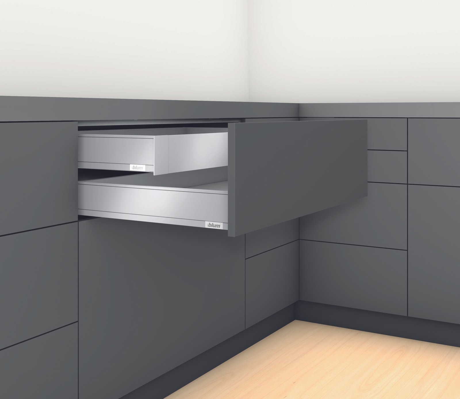 Blum Legrabox, stalčiaus furnitūros komplektas M 550 mm/70 kg, BLUMOTION / TOB, juodas, prisukamas fasado tvirtinimas