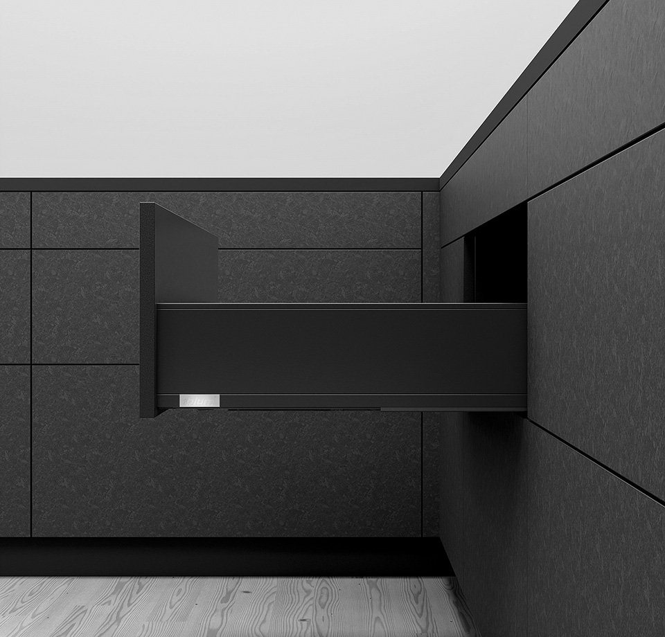 Blum Legrabox, stalčiaus furnitūros komplektas K 500 mm/70 kg, BLUMOTION / TOB, juodas, EXPANDO