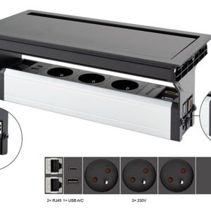 VersaFlap Mono 2.0 elektros lizdų blokas, 3×230 V FR, RJ45, HDMI, USB A/C, juodas