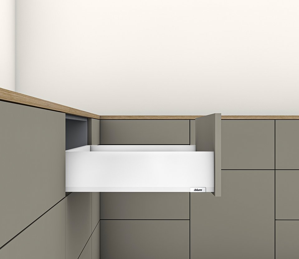 Blum Merivobox, stalčiaus furnitūros komplektas K 550 mm/40 kg, baltas, prisukamas fasado tvirtinimas