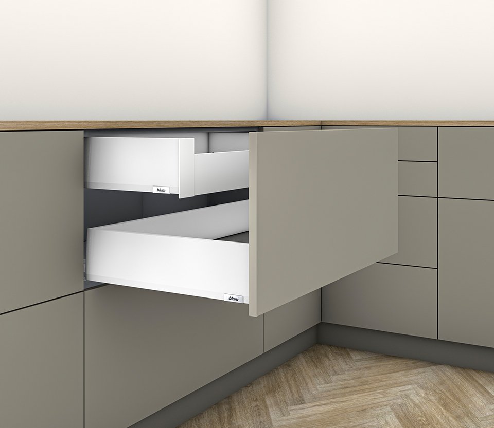 Blum Merivobox, stalčiaus furnitūros komplektas K 450 mm/40 kg, baltas, vidinis