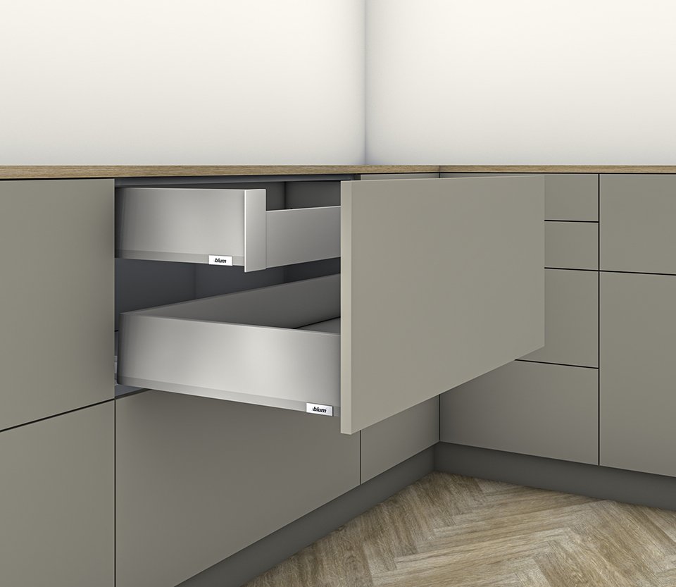Blum Merivobox, stalčiaus furnitūros komplektas K 300 mm/40 kg, šviesiai pilkas IG, vidinis