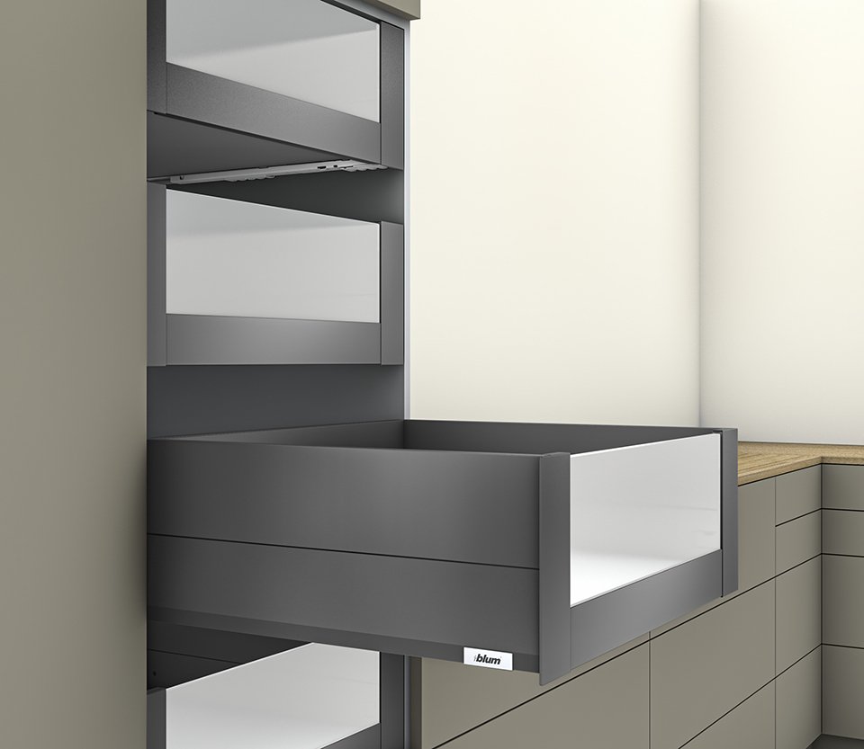 Blum Merivobox, stalčiaus furnitūros komplektas E Boxcap 450 mm/40 kg, tamsiai pilkas OG, vidinis, stiklas