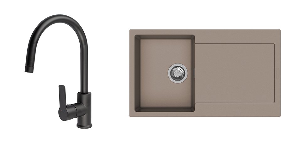 StrongSinks S3 komplektas: plautuvė Zala 860 × 500 mm smėlio ruda + maišytuvas Loira juoda