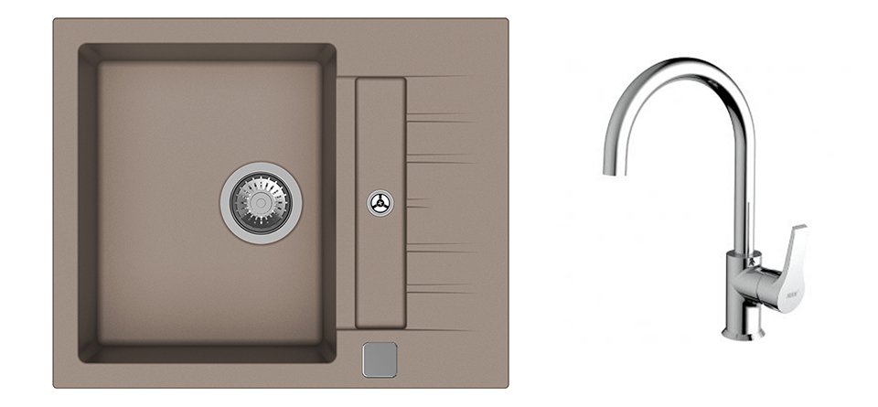 StrongSinks S3 komplektas: plautuvė Vardar 615 × 500 mm,granitas ruda + maišytuvas Rhona,chromas