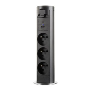 StrongPower ištraukiamas elektros lizdas 3x 230V prancūziško tipo, USB A+C, juoda