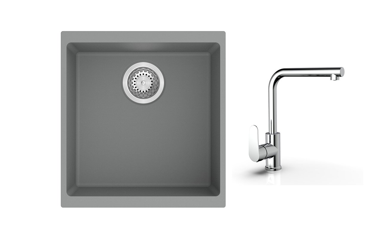 StrongSinks S3 komplektas: plautuvė Hron 430 × 460 mm granitas pilka + maišytuvas Stréva chromas