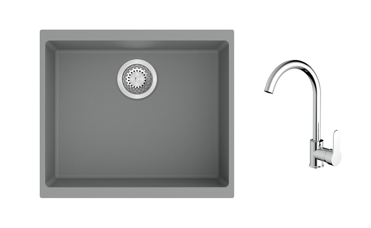StrongSinks S3 komplektas: plautuvė Hron 530 × 460 mm granitas pilka + maišytuvas Seina chromas