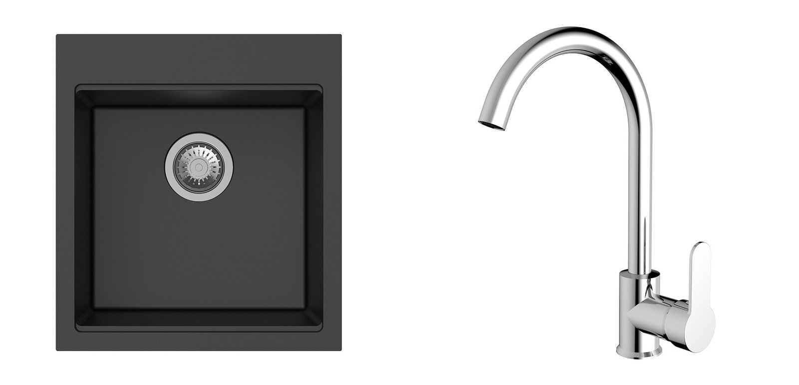 StrongSinks S3 komplektas: plautuvė Ipel 460 × 510 mm granitas juoda + maišytuvas Seina chromas