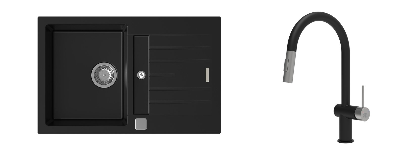 StrongSinks S3 komplektas: plautuvė Vardar 780 × 500 mm granitas juoda + maišytuvas Neris juoda/nerūdijantis plienas