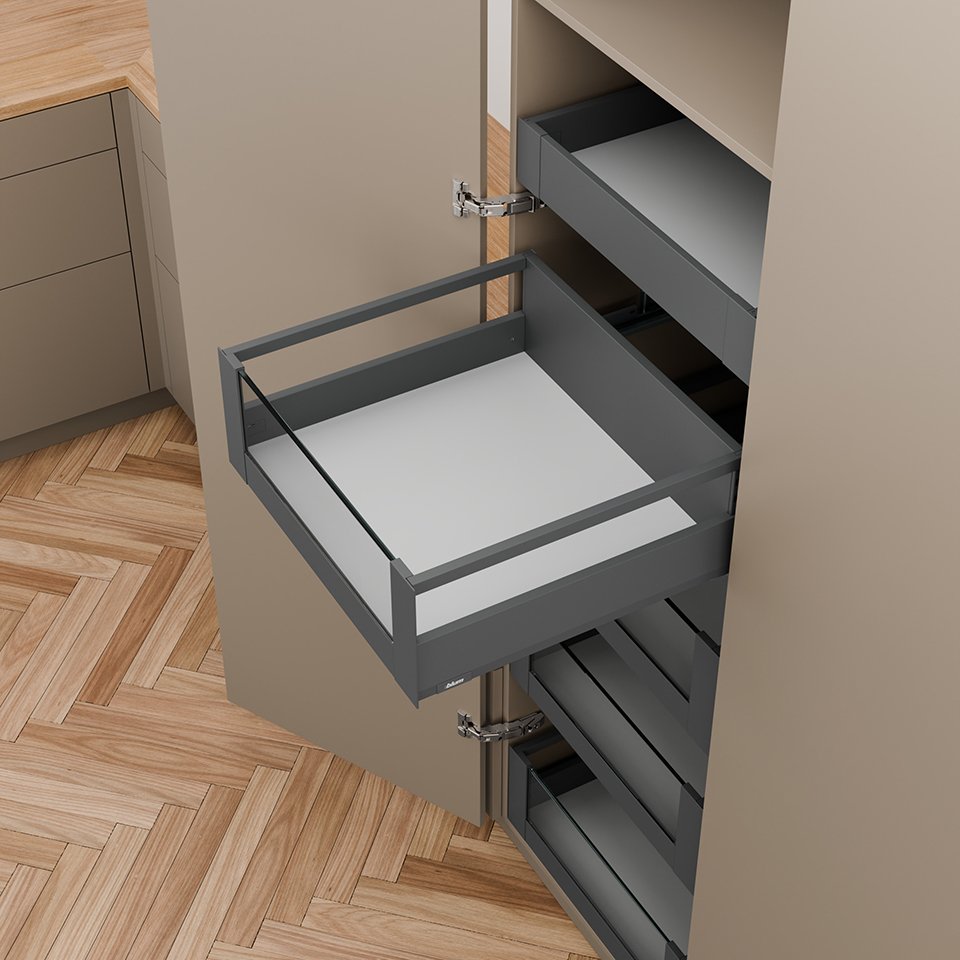 Blum Merivobox, stalčiaus furnitūros komplektas E relingas 500 mm/40 kg, tamsiai pilkas OG, vidinis, stiklas - Image 2