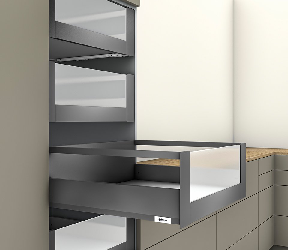 Blum Merivobox, stalčiaus furnitūros komplektas E relingas 600 mm/40 kg, tamsiai pilkas OG, vidinis, stiklas