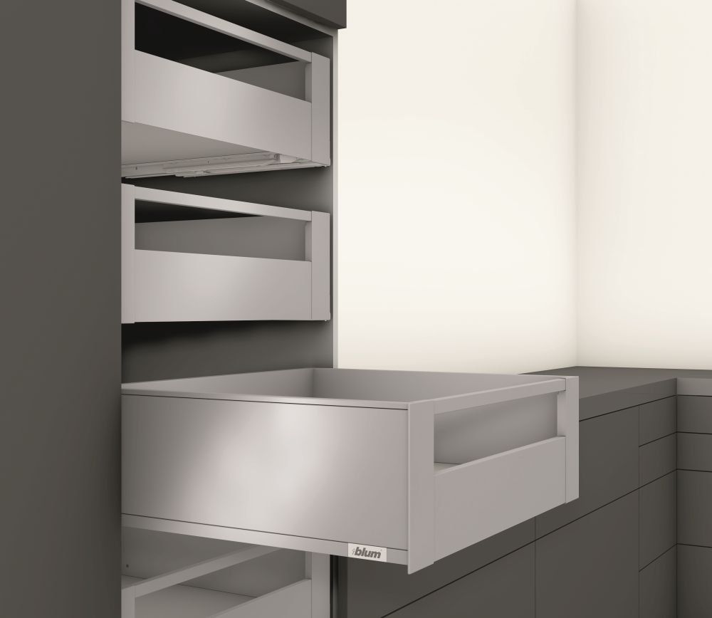 Blum Legrabox, stalčiaus furnitūros komplektas C Pure 400 mm/40 kg, BLUMOTION / TOB, baltas, vidinis, stiklas