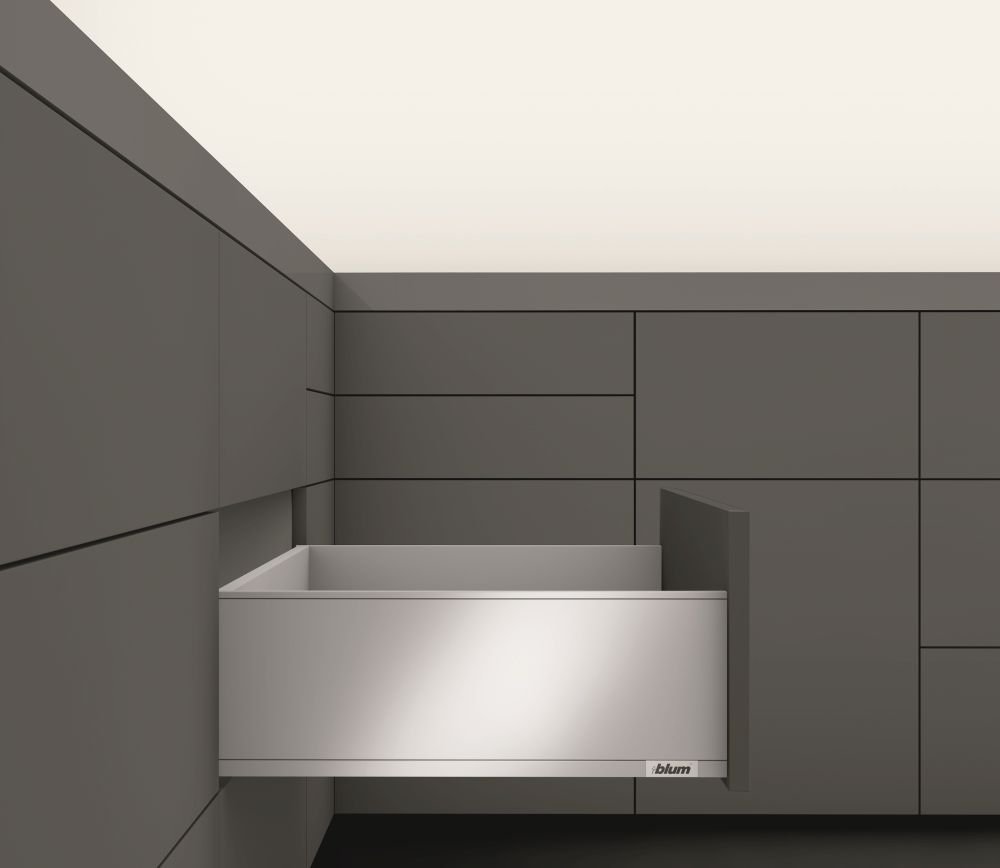 Blum Legrabox, stalčiaus furnitūros komplektas C Pure 550 mm/40 kg, TIP-ON, baltas, prisukamas fasado tvirtinimas